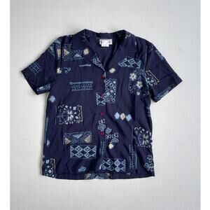 Vtg 90s Navy Blue Floral Collared Button Up Shirt / EN FOCUS / Casual Grunge